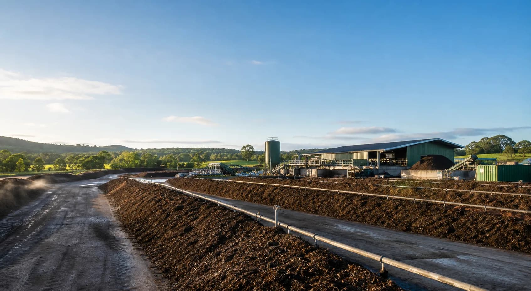 A managed compost facility with aerated compost rows and processing buildings