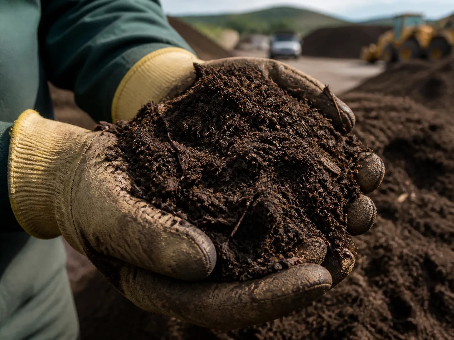 Finished mature compost held in gloved hands at a compost facility