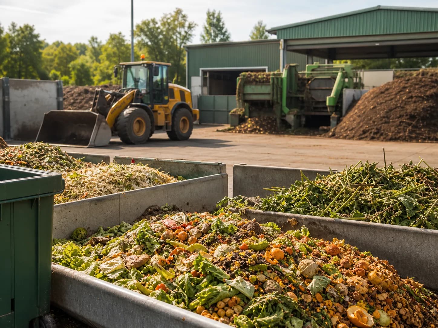 Organic materials being processed with compost facility equipment